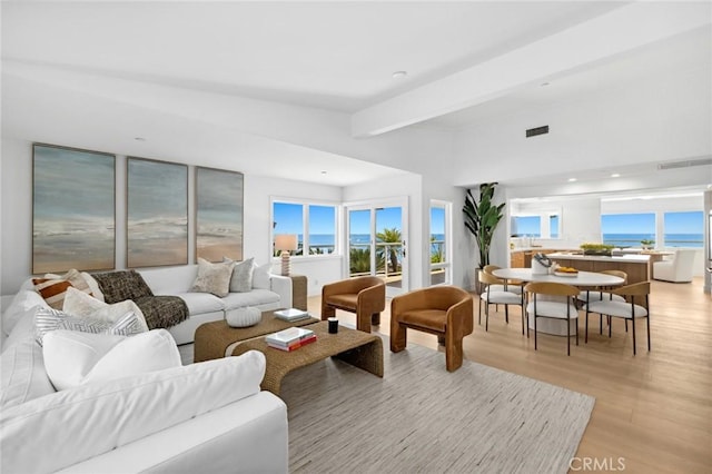 326 Boca Del Canon, San Clemente, CA 92672 - living area with beamed ceiling, light wood finished floors, healthy amount of natural light, recessed lighting, and a water view
