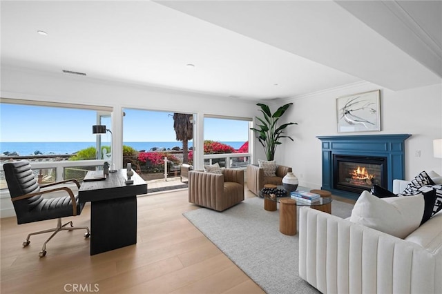326 Boca Del Canon, San Clemente, CA 92672 - living area with a glass covered fireplace, wood finished floors, a water view, and crown molding