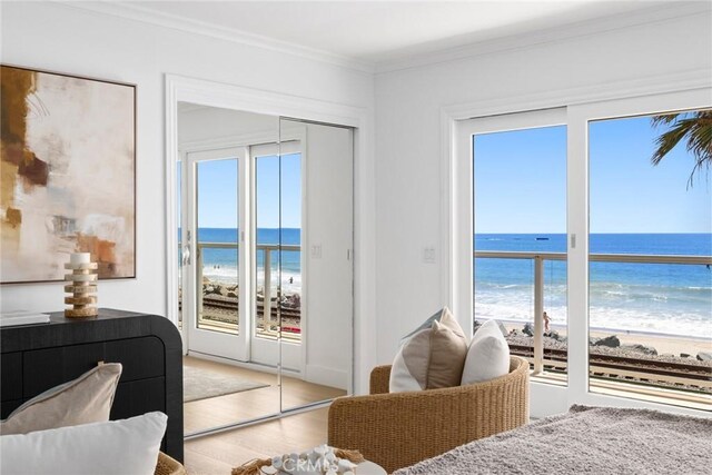 326 Boca Del Canon, San Clemente, CA 92672 - living area featuring plenty of natural light, crown molding, wood finished floors, and view of water and beach