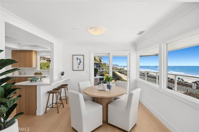 326 Boca Del Canon, San Clemente, CA 92672 - dining room with light wood-style floors, baseboards, a water view, and ornamental molding