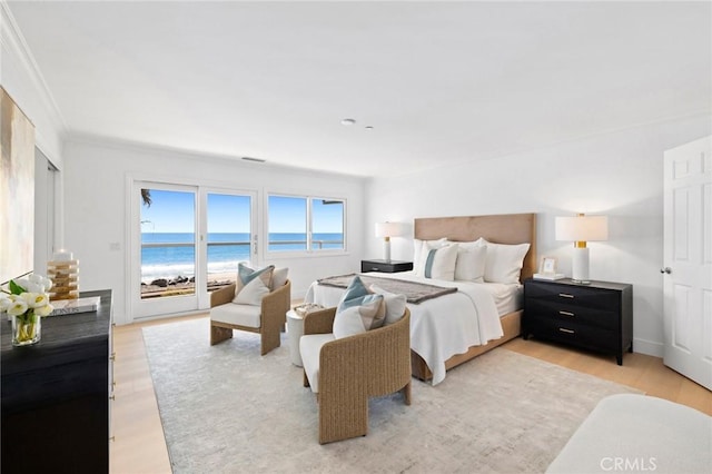 326 Boca Del Canon, San Clemente, CA 92672 - bedroom with light wood-style flooring, access to exterior, a water view, and crown molding