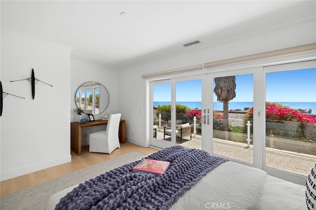 326 Boca Del Canon, San Clemente, CA 92672 - bedroom featuring ornamental molding, access to exterior, wood finished floors, baseboards, and a water view