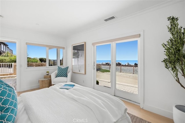 326 Boca Del Canon, San Clemente, CA 92672 - bedroom with access to exterior, a water view, baseboards, and crown molding