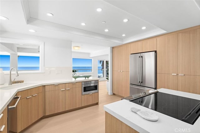 326 Boca Del Canon, San Clemente, CA 92672 - kitchen featuring appliances with stainless steel finishes, a sink, a raised ceiling, light wood-type flooring, and recessed lighting
