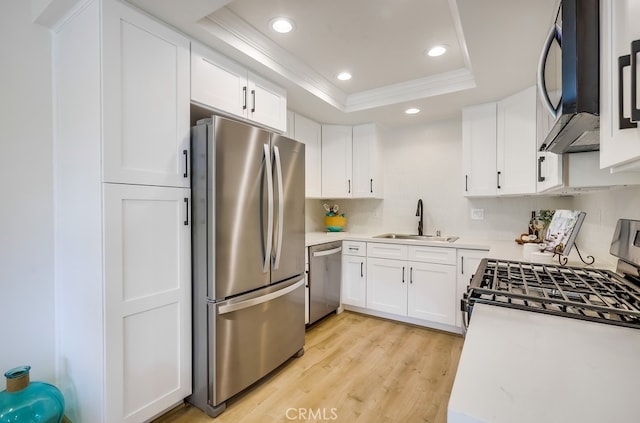 658 S Webster Ave Unit 4, Anaheim, CA 92804 - kitchen with stainless steel appliances, a sink, a raised ceiling, crown molding, and light countertops