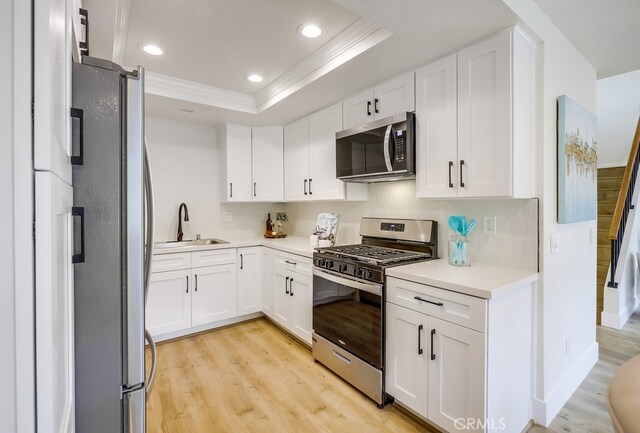 658 S Webster Ave Unit 4, Anaheim, CA 92804 - kitchen featuring stainless steel appliances, a sink, light wood-style floors, a raised ceiling, and crown molding