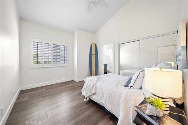 24833 Nueva Vista Dr Unit 2, Laguna Niguel, CA 92677 - bedroom with wood finished floors, a closet, baseboards, high vaulted ceiling, and a ceiling fan