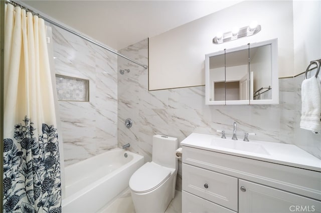 17121 Granada Ln, Huntington Beach, CA 92647 - bathroom with vanity, shower / bathtub combination with curtain, tile walls, toilet, and tasteful backsplash