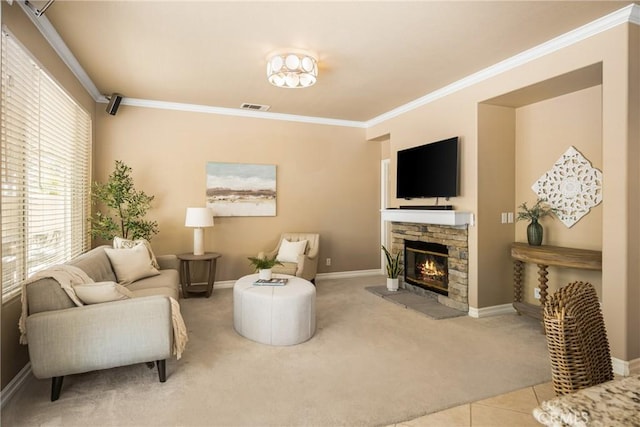 11 Berlamo, Rancho Santa Margarita, CA 92688 - carpeted living room with crown molding, a fireplace, baseboards, and tile patterned floors