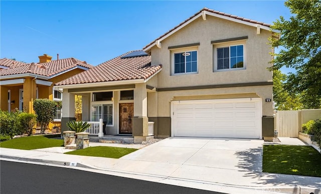 11 Berlamo, Rancho Santa Margarita, CA 92688 - view of front of property with covered porch, stucco siding, a tile roof, and solar panels