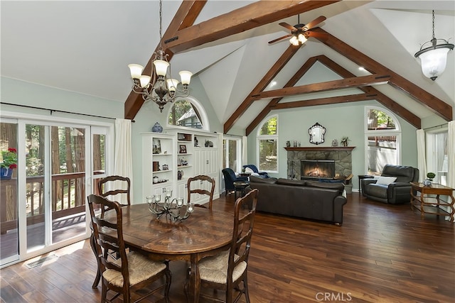 405 Terrace Rd, Lake Arrowhead, CA 92352 - dining space featuring a chandelier, beamed ceiling, dark wood finished floors, a fireplace, and ceiling fan