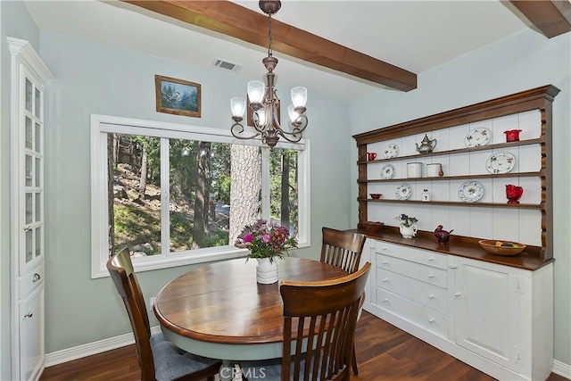 405 Terrace Rd, Lake Arrowhead, CA 92352 - dining area with a chandelier, dark wood finished floors, beamed ceiling, and baseboards