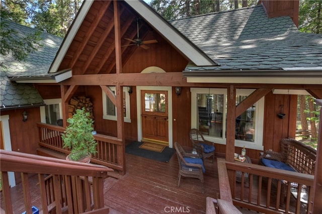405 Terrace Rd, Lake Arrowhead, CA 92352 - wooden terrace featuring ceiling fan