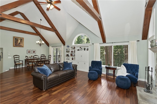 405 Terrace Rd, Lake Arrowhead, CA 92352 - living area featuring high vaulted ceiling, beamed ceiling, a chandelier, wood finished floors, and a ceiling fan