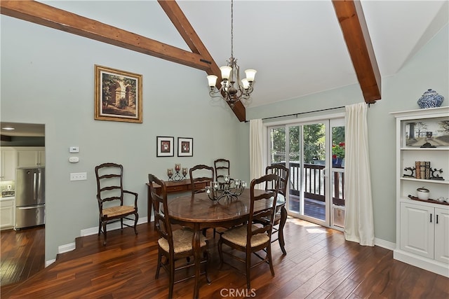 405 Terrace Rd, Lake Arrowhead, CA 92352 - dining room featuring beamed ceiling, high vaulted ceiling, dark wood-style flooring, a chandelier, and baseboards