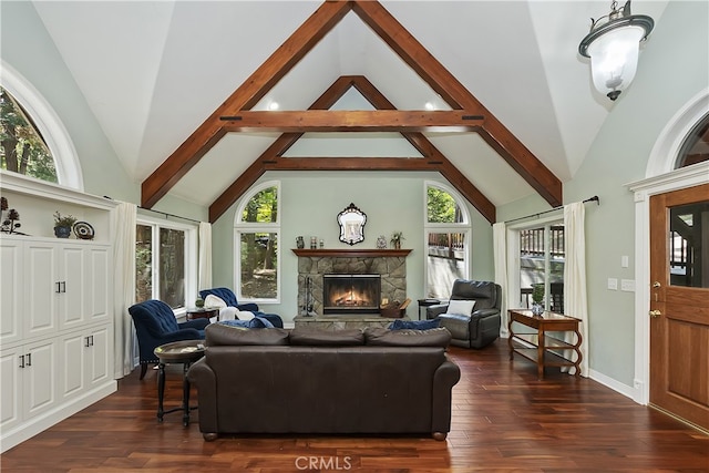 405 Terrace Rd, Lake Arrowhead, CA 92352 - living area with a stone fireplace, dark wood-type flooring, and high vaulted ceiling