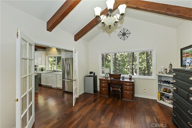 405 Terrace Rd, Lake Arrowhead, CA 92352 - office area with a chandelier, a sink, dark wood-style floors, and baseboards