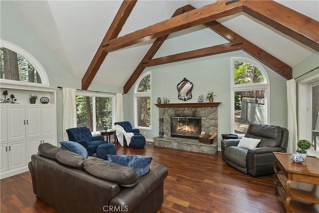 405 Terrace Rd, Lake Arrowhead, CA 92352 - living room with high vaulted ceiling, a stone fireplace, plenty of natural light, hardwood / wood-style flooring, and beam ceiling