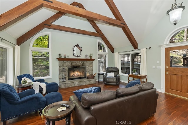 405 Terrace Rd, Lake Arrowhead, CA 92352 - living room with wood finished floors, healthy amount of natural light, a fireplace, beamed ceiling, and high vaulted ceiling