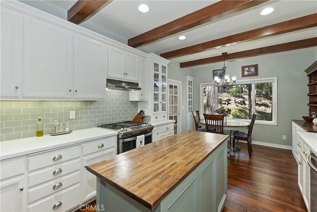 405 Terrace Rd, Lake Arrowhead, CA 92352 - kitchen featuring stainless steel gas stove, wood counters, baseboards, backsplash, and recessed lighting