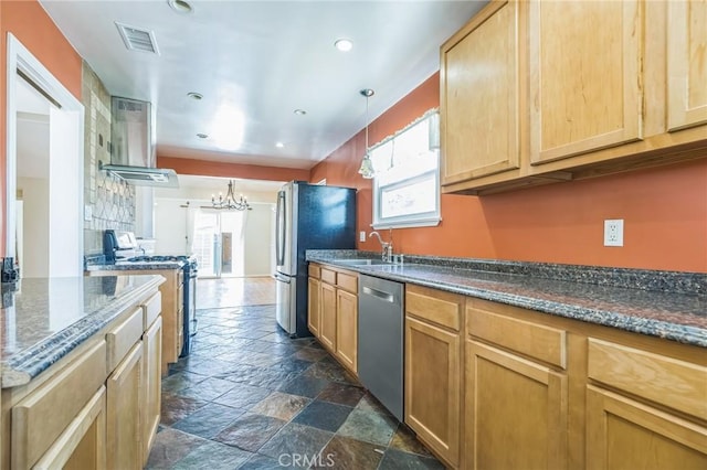 20005 Anza Ave, Torrance, CA 90503 - kitchen with wall chimney exhaust hood, appliances with stainless steel finishes, a chandelier, stone tile flooring, and recessed lighting
