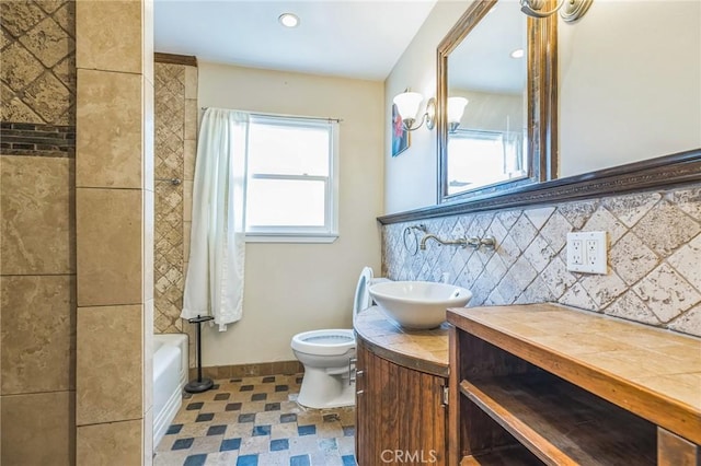 20005 Anza Ave, Torrance, CA 90503 - bathroom with vanity, tasteful backsplash, shower / bathtub combination, and recessed lighting