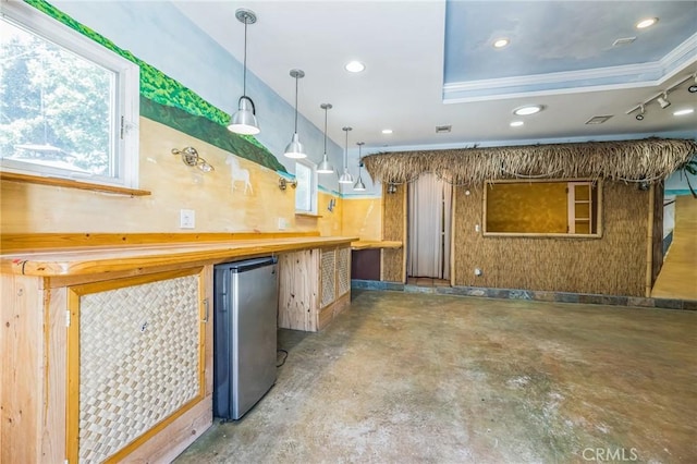 20005 Anza Ave, Torrance, CA 90503 - kitchen featuring refrigerator, concrete flooring, hanging light fixtures, and recessed lighting
