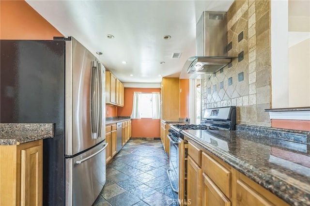 20005 Anza Ave, Torrance, CA 90503 - kitchen featuring appliances with stainless steel finishes, island exhaust hood, stone tile flooring, backsplash, and recessed lighting