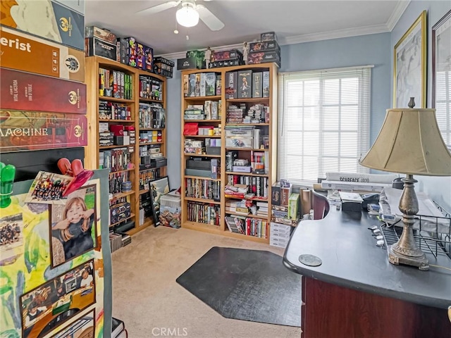 5436 Bonfair Ave, Lakewood, CA 90712 - office featuring a ceiling fan, carpet flooring, and ornamental molding