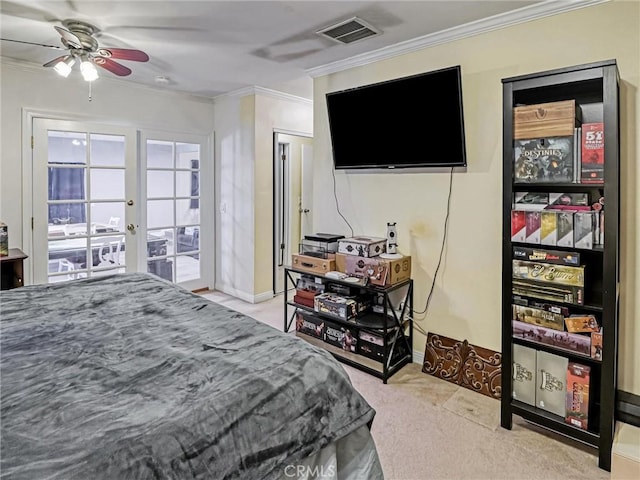 5436 Bonfair Ave, Lakewood, CA 90712 - carpeted bedroom featuring ornamental molding, french doors, baseboards, and ceiling fan