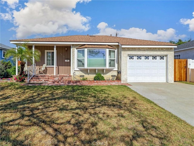 5436 Bonfair Ave, Lakewood, CA 90712 - ranch-style house featuring driveway, board and batten siding, an attached garage, and covered porch