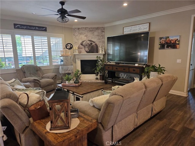 25687 Red Hawk Rd, Corona, CA 92883 - living area featuring ceiling fan, wood finished floors, ornamental molding, baseboards, and a fireplace