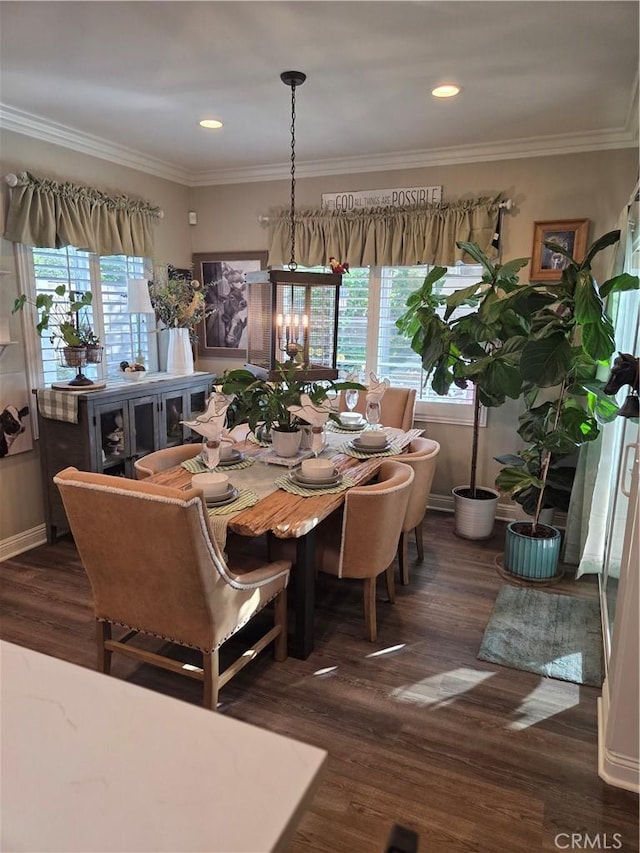 25687 Red Hawk Rd, Corona, CA 92883 - dining area featuring dark wood-type flooring, ornamental molding, and recessed lighting