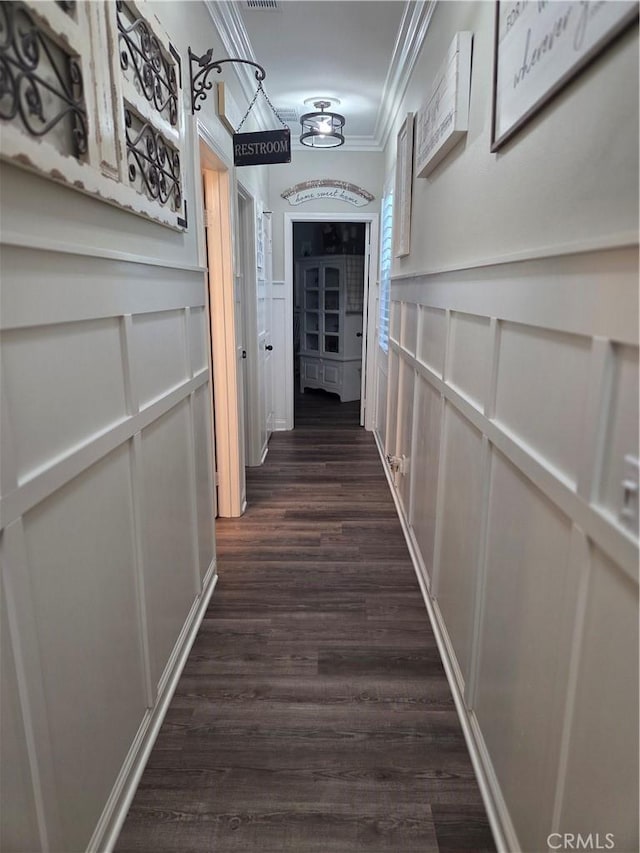 25687 Red Hawk Rd, Corona, CA 92883 - hall featuring a decorative wall, crown molding, dark wood-style floors, and a wainscoted wall