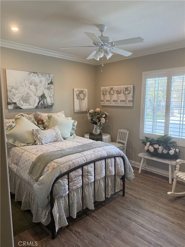 25687 Red Hawk Rd, Corona, CA 92883 - bedroom with wood finished floors, crown molding, and a ceiling fan