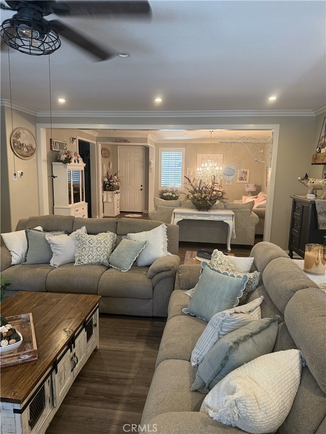 25687 Red Hawk Rd, Corona, CA 92883 - living area with dark wood-style floors, ornamental molding, a chandelier, a ceiling fan, and recessed lighting