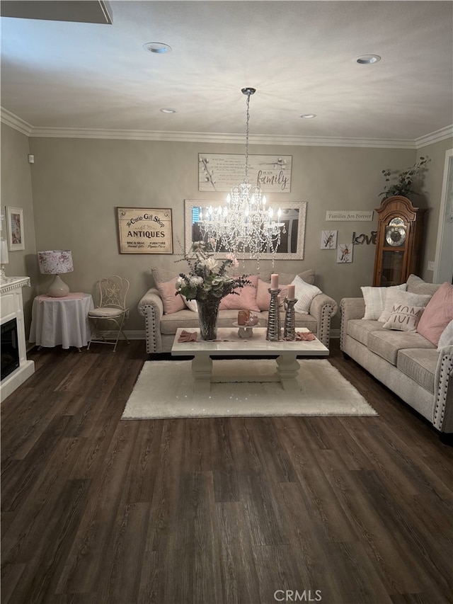 25687 Red Hawk Rd, Corona, CA 92883 - living room featuring dark wood-style floors, ornamental molding, a chandelier, a fireplace, and recessed lighting