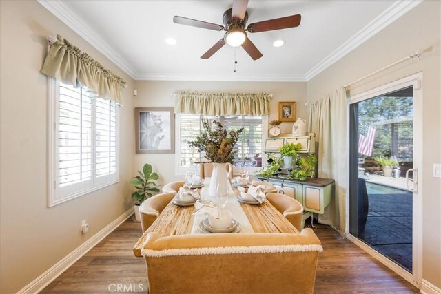 25687 Red Hawk Rd, Corona, CA 92883 - dining area with healthy amount of natural light, wood finished floors, ceiling fan, crown molding, and recessed lighting