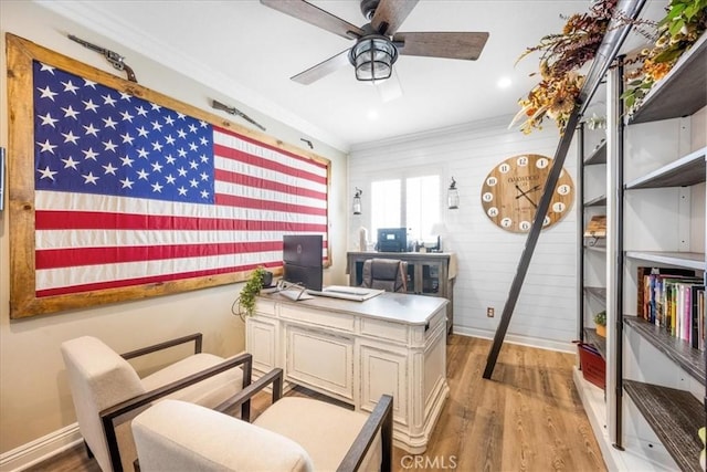 25687 Red Hawk Rd, Corona, CA 92883 - home office featuring ornamental molding, a ceiling fan, and wood finished floors