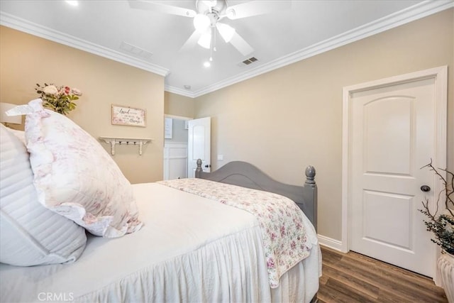 25687 Red Hawk Rd, Corona, CA 92883 - bedroom featuring wood finished floors, ornamental molding, and ceiling fan