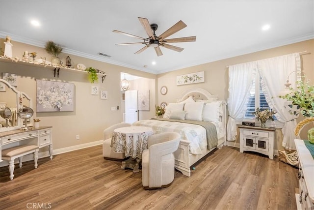 25687 Red Hawk Rd, Corona, CA 92883 - bedroom featuring light wood-style floors, ornamental molding, ceiling fan, and recessed lighting
