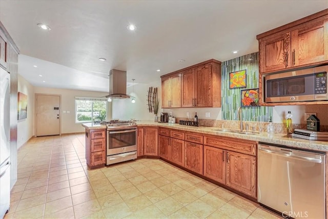 1256 Bostonia St Unit B, El Cajon, CA 92021 - kitchen featuring appliances with stainless steel finishes, island exhaust hood, a sink, a peninsula, and brown cabinets