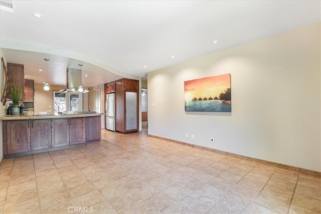 1256 Bostonia St Unit B, El Cajon, CA 92021 - kitchen with island exhaust hood, freestanding refrigerator, a peninsula, recessed lighting, and baseboards