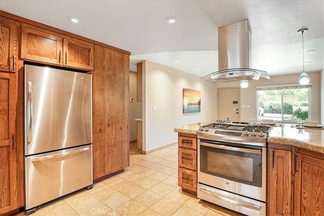 1256 Bostonia St Unit B, El Cajon, CA 92021 - kitchen featuring appliances with stainless steel finishes, island exhaust hood, brown cabinets, light tile patterned flooring, and light stone counters