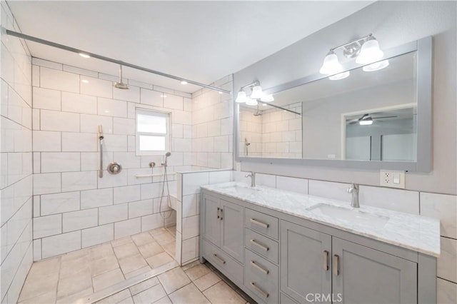 2244 Molino Ave, Signal Hill, CA 90755 - full bathroom featuring double vanity, a walk in shower, tile patterned flooring, and ceiling fan