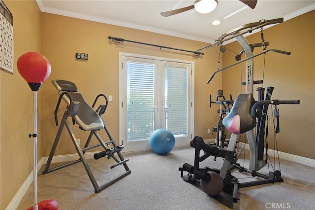2983 Orchid Ln, Turlock, CA 95382 - exercise room with baseboards, crown molding, ceiling fan, and carpet flooring
