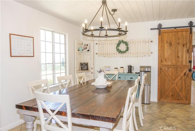 33708 Bronco Ln, Squaw Valley, CA 93675 - dining space with a barn door, a chandelier, and wood ceiling