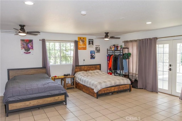 33708 Bronco Ln, Squaw Valley, CA 93675 - bedroom with light tile patterned floors, a ceiling fan, access to outside, recessed lighting, and french doors