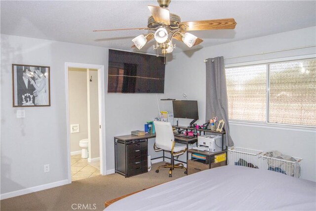 33708 Bronco Ln, Squaw Valley, CA 93675 - bedroom with a desk, carpet floors, ceiling fan, and ensuite bath
