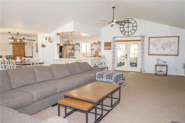 33708 Bronco Ln, Squaw Valley, CA 93675 - living room with vaulted ceiling, a chandelier, carpet flooring, french doors, and ceiling fan